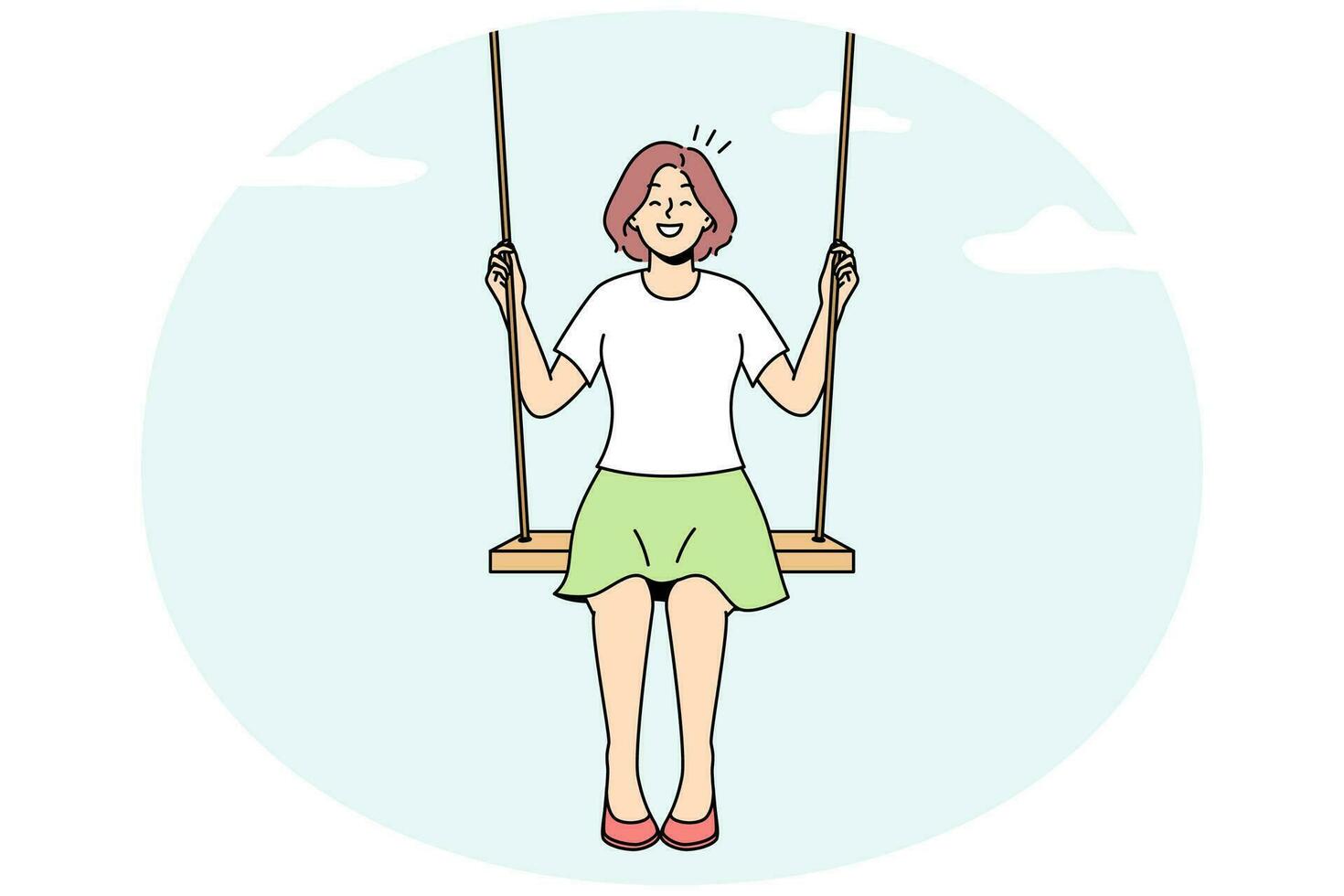 Smiling young woman sit on swing in clouds dreaming. Happy girl swaying on tilt in sky. Dreamer and visualization. Vector illustration.