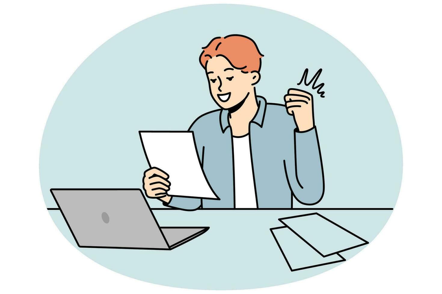Smiling young man sit at desk work on computer excited with good news in letter. Happy guy celebrate promotion or win notification in paperwork. Vector illustration.