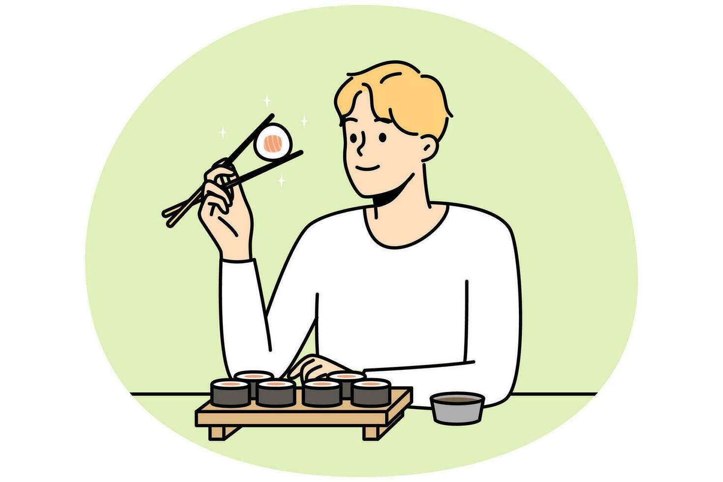Smiling man sit at table in restaurant eating sushi with chopsticks. Happy guy enjoy traditional Asian food in cafe or bar. Vector illustration.