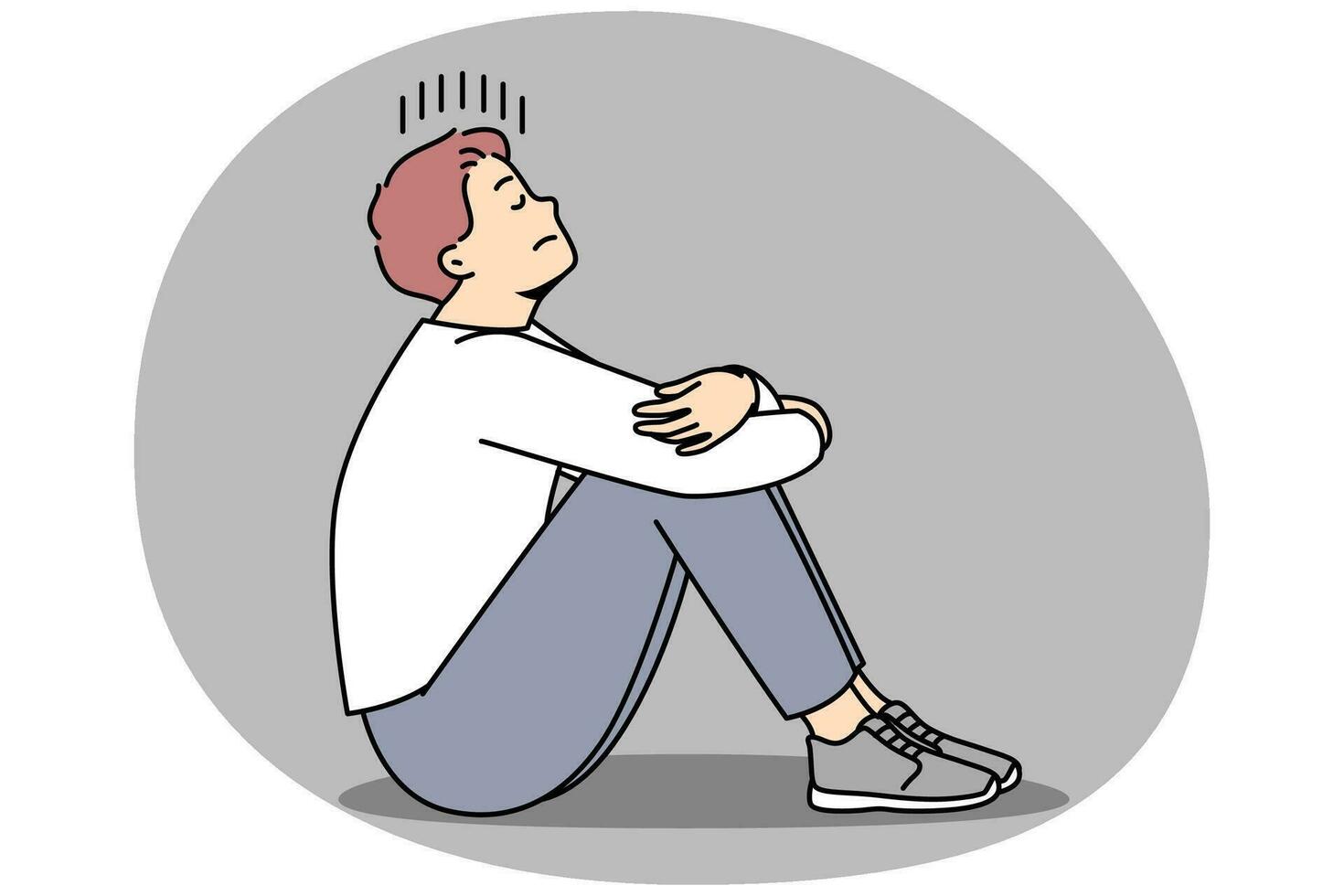 Unhappy young man sit on floor suffer from loneliness and repetitive thoughts. Stressed male struggle with depression or anxiety. Vector illustration.