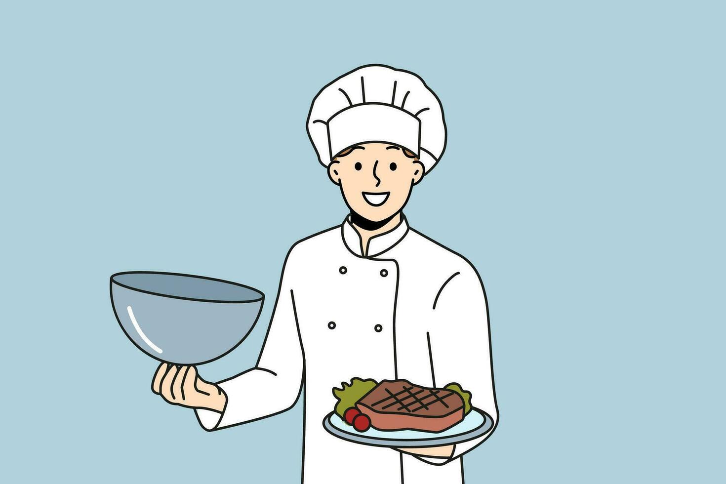 Man chef holds tray with beef steak and vegetables, inviting you to visit restaurant of classic european cuisine. Guy in cook uniform demonstrates grilled pork steak at popular steakhouse. vector