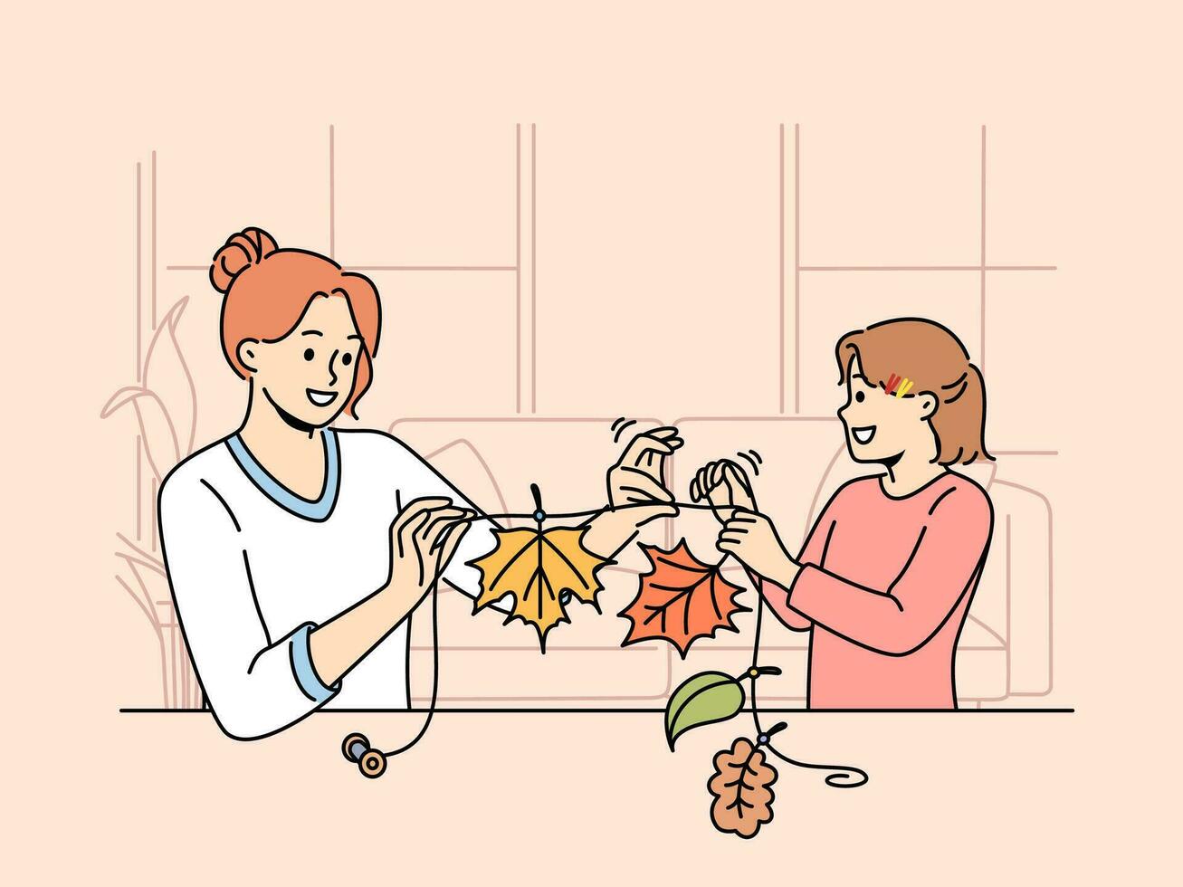 Mom and daughter make garland from tree foliage in autumn to decorate interior of house vector