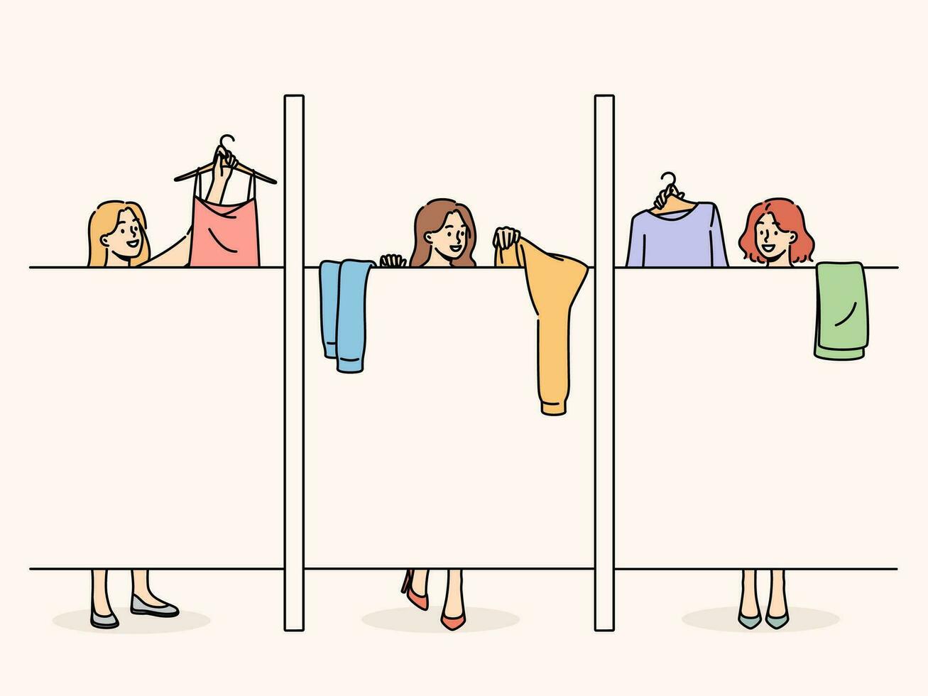 Women change clothes in stores changing room standing behind screen choose clothes before purchasing vector