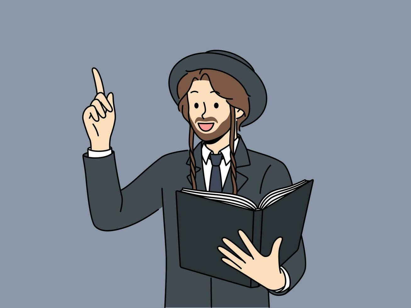 Jewish man holds book with religious texts and points finger up talking about israelite religion vector