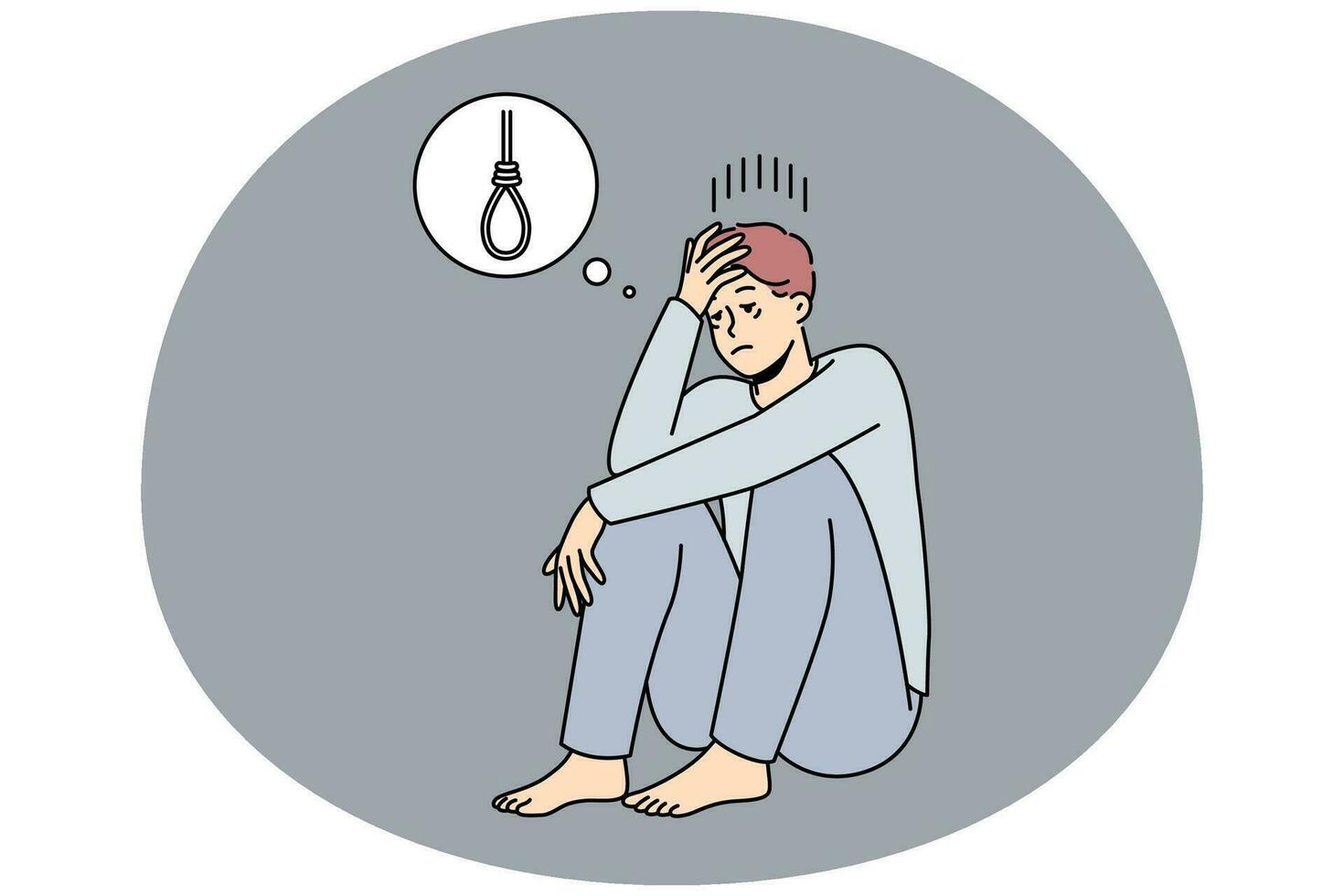 Depressed young man thinking of suicide. Unwell sad male feel depression suffer from mental problems want to end life. Vector illustration.