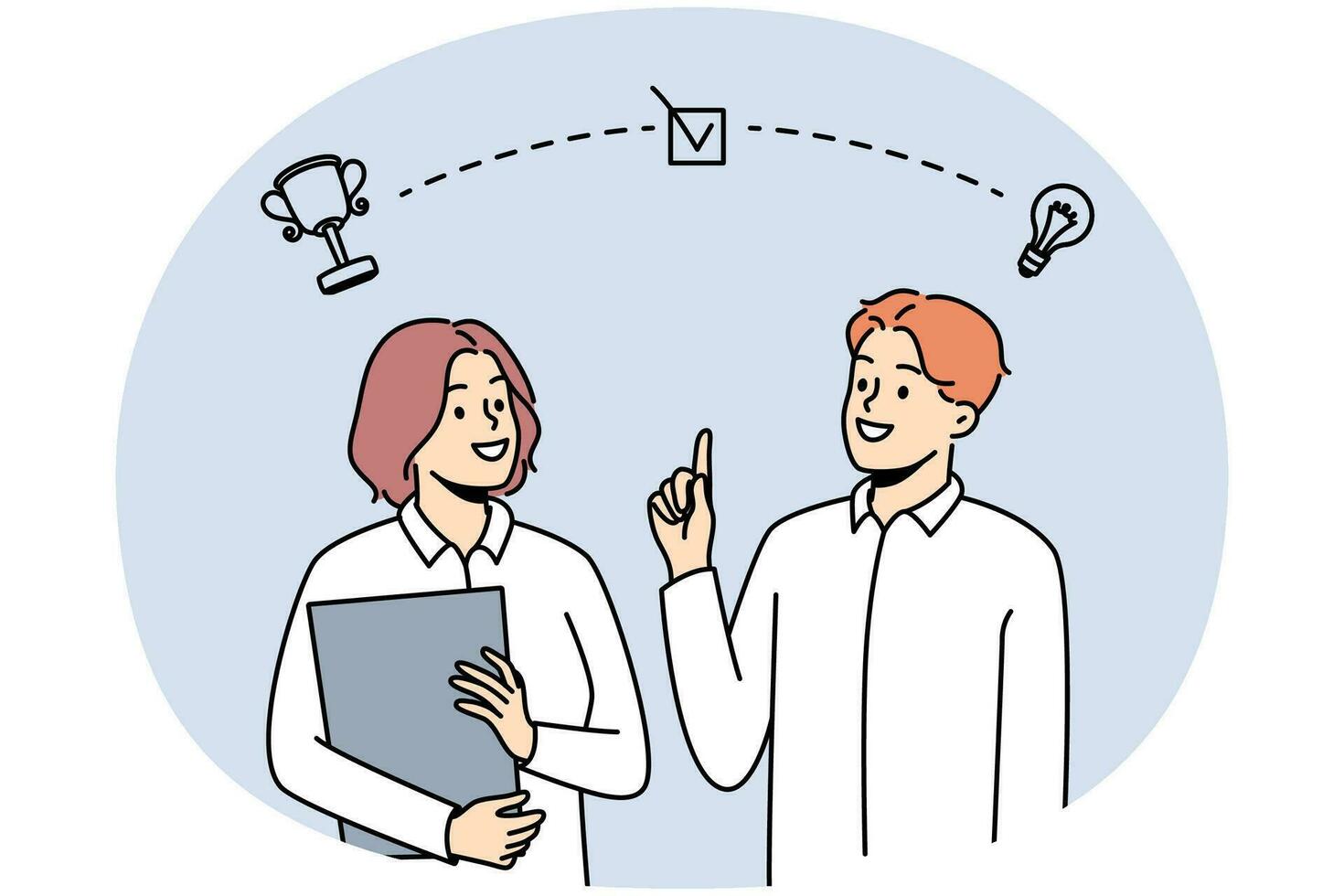 Smiling businesspeople brainstorm together for shared success or goal. Happy employees generate creative business ideas for achievement. Vector illustration.