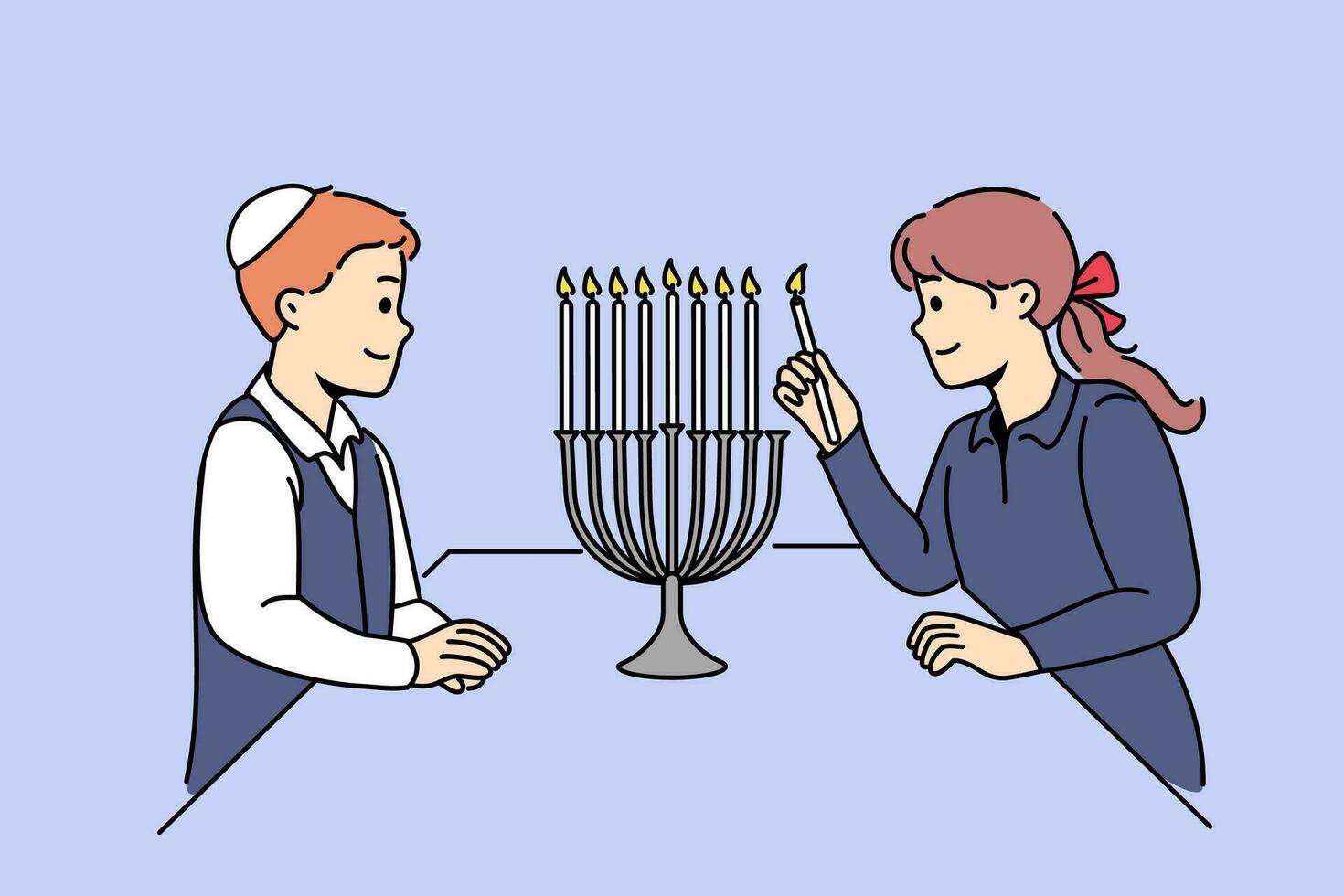 Jewish children stand near minora with burning candles, preparing for traditional holiday hanukkah vector