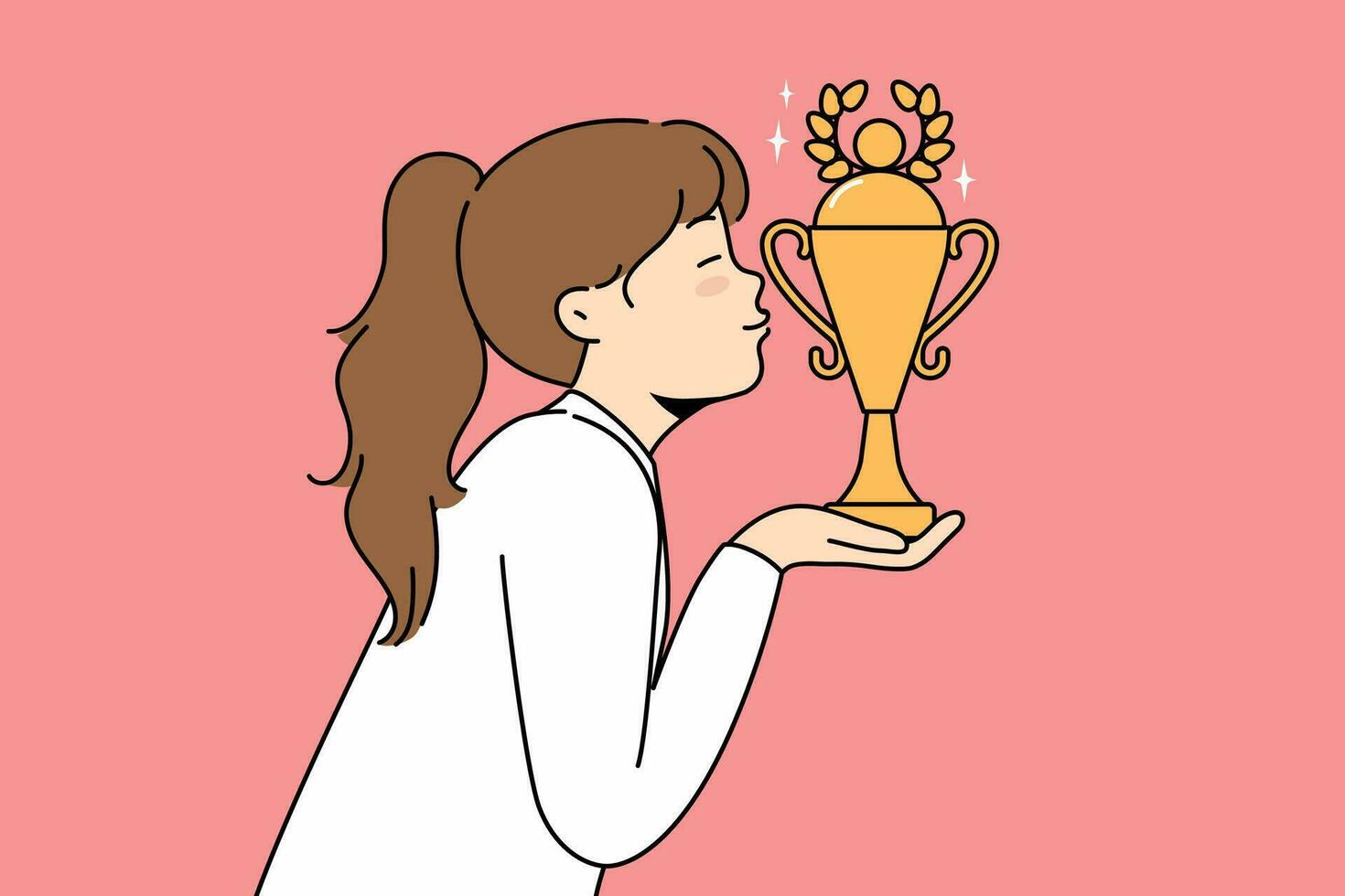 Little girl leader kisses golden cup won in school olympiad or sports competition vector