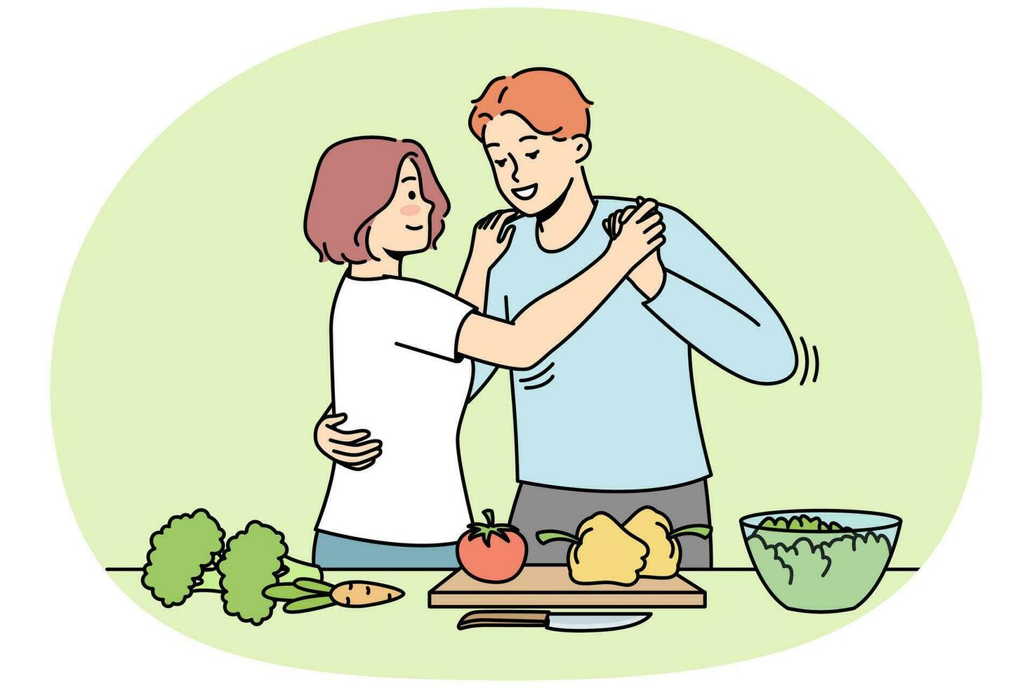 pareja feliz cocinando en la cocina bailando juntos. el hombre y la mujer sonrientes disfrutan de la preparación de alimentos el fin de semana. ilustración vectorial vector