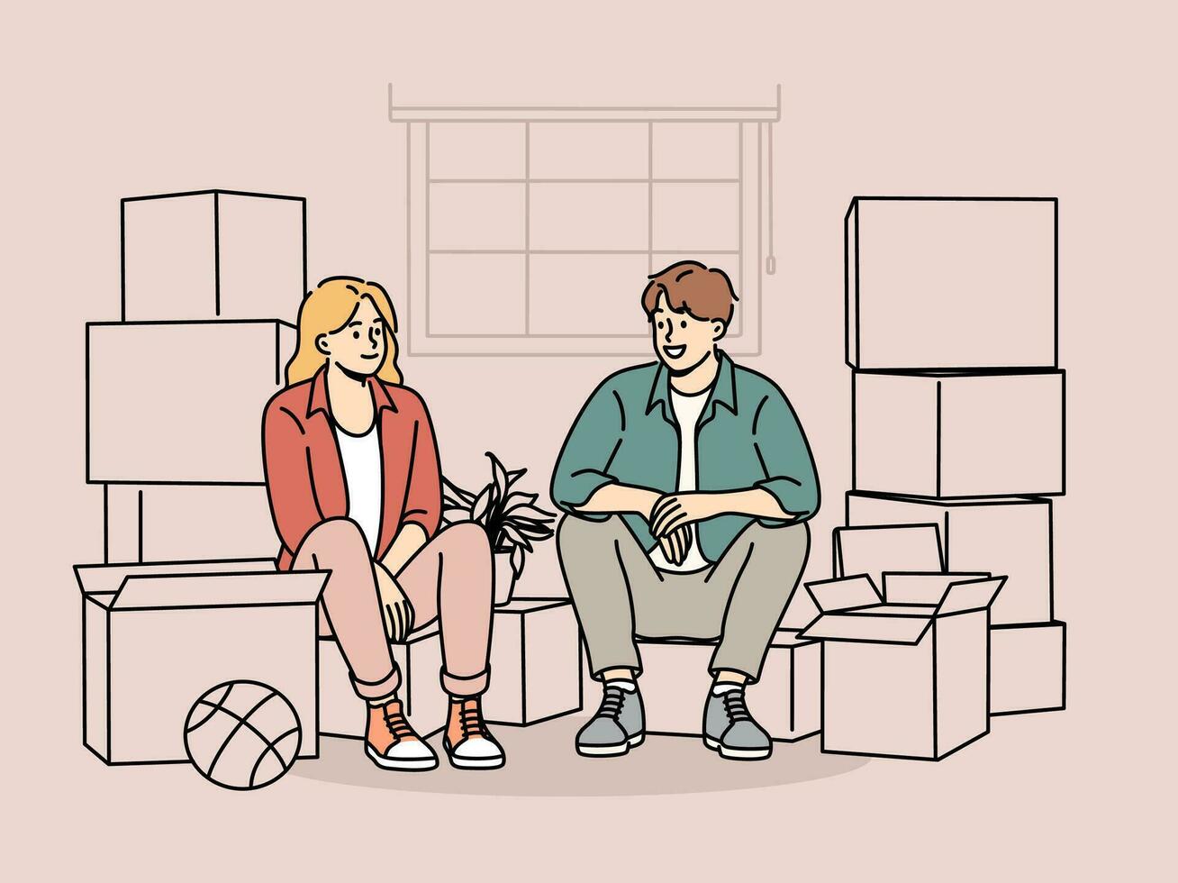 Couple sitting among boxes of belongings after moving into new house or apartment vector