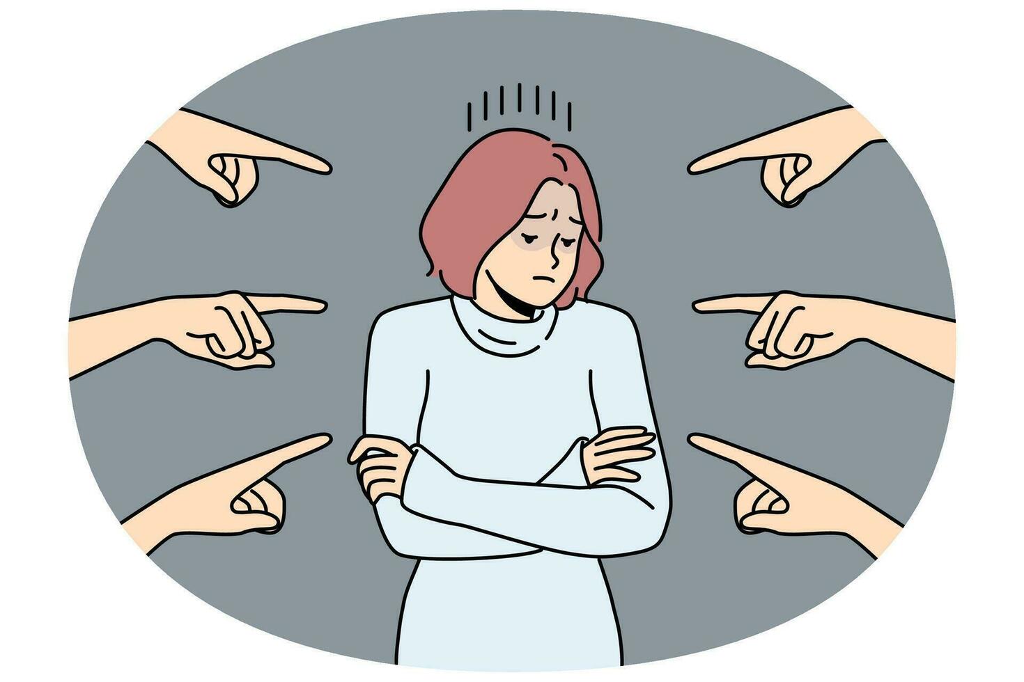 Unhappy woman surrounded with numerous hands pointing vector