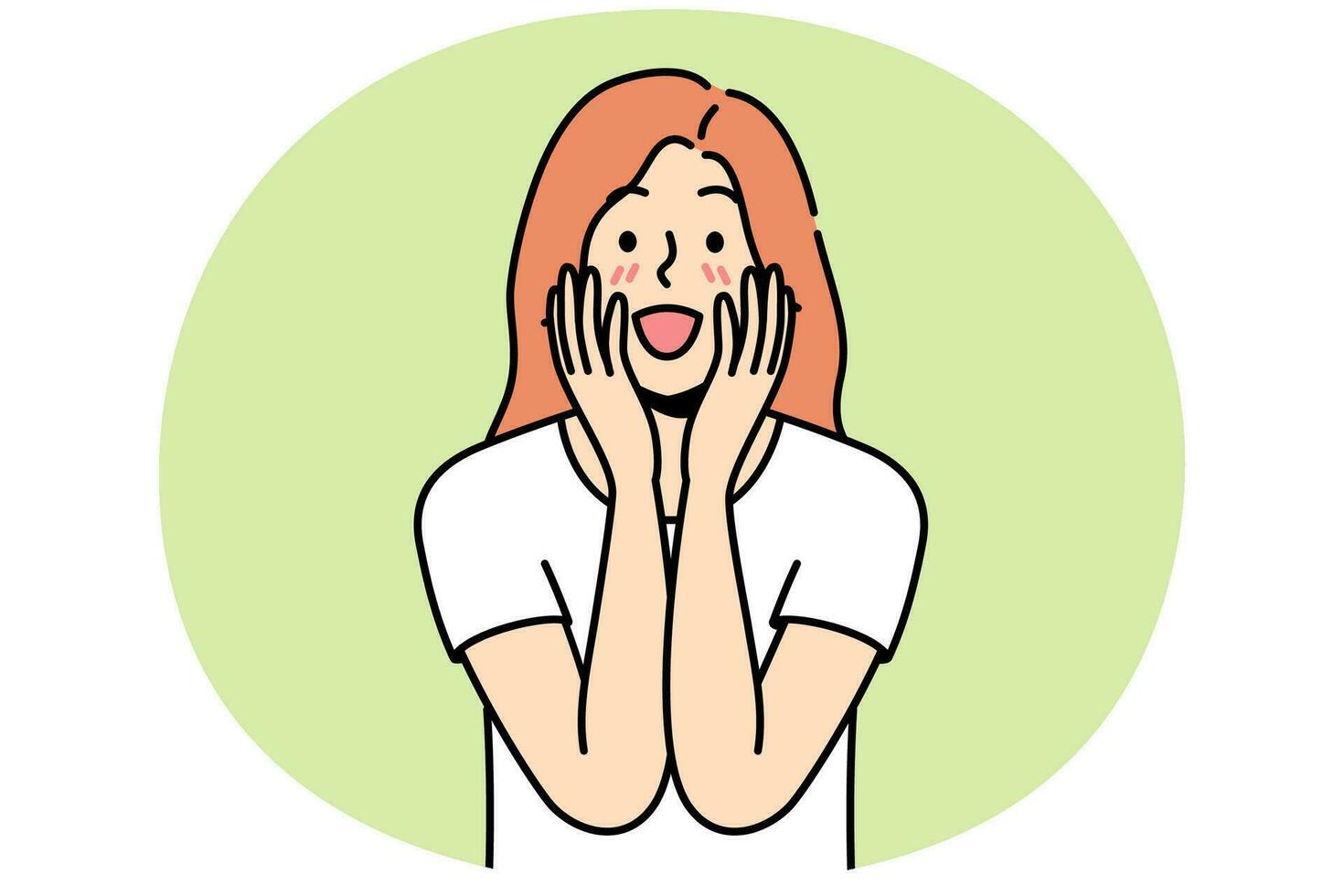 Happy young woman feel excited with good unbelievable news. Smiling girl surprised with unexpected message or notification. Vector illustration.