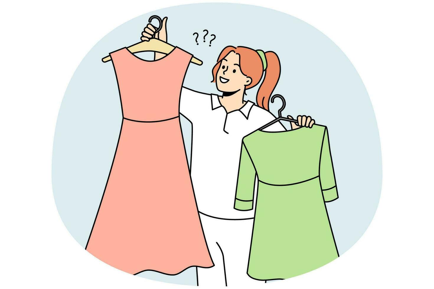 Smiling woman holding dresses on hangers choosing garment in shop or mall. Happy girl with clothes buying new collection in store. Fashion and style. Vector illustration.