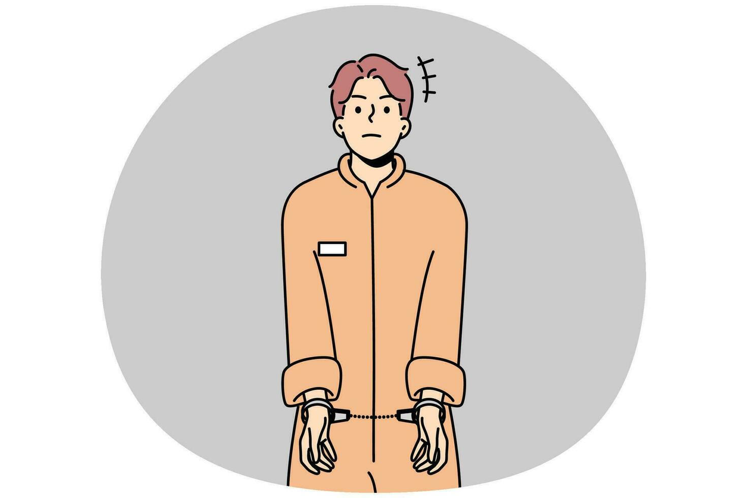 Male prisoner in robe wearing handcuffs. Unhappy man convict in uniform imprisoned. Imprisonment and jail concept. Vector illustration.