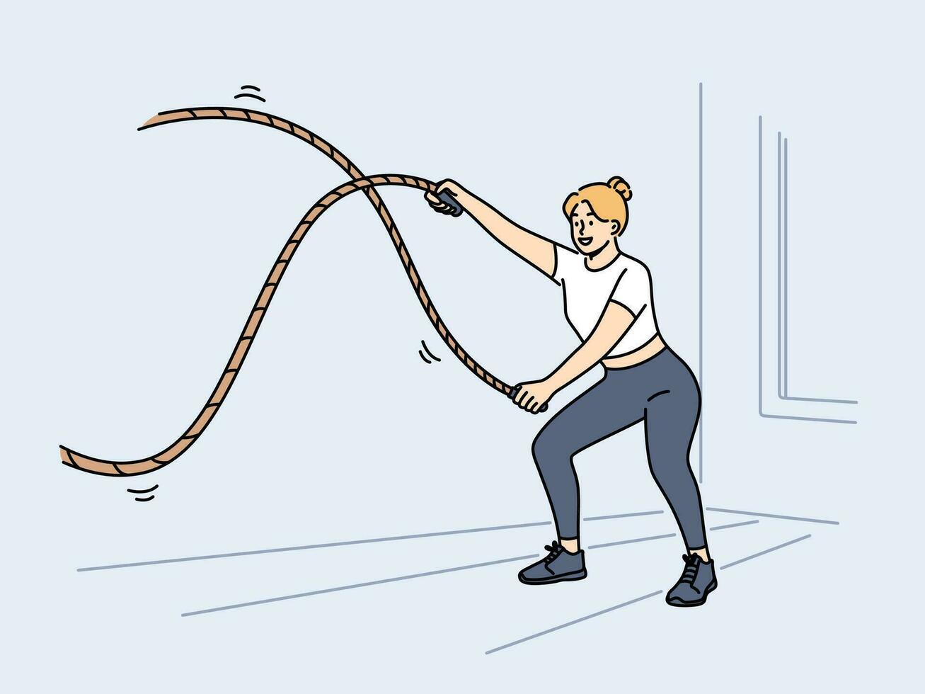 Woman doing fitness using battle rope training at sport center to lose weight or build muscles vector