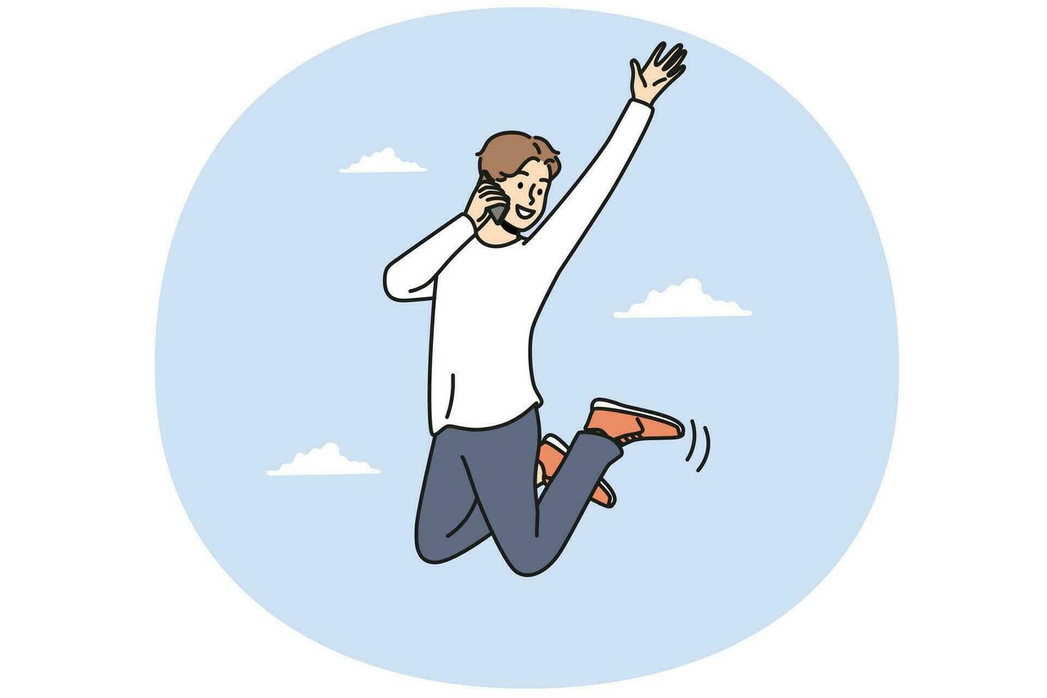 Overjoyed man jump in air talk on cellphone vector