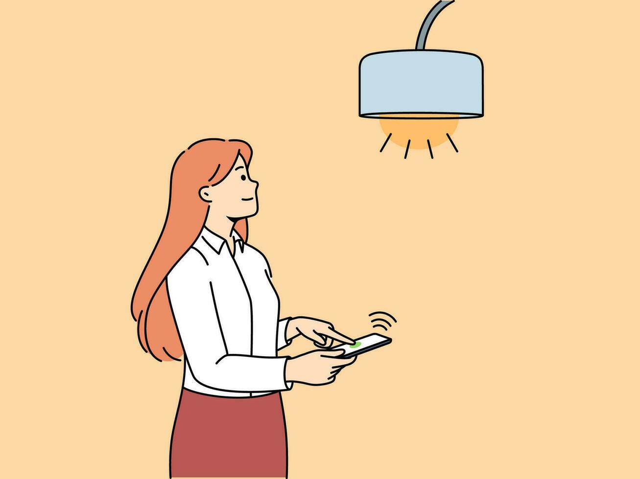 Woman controls lamp through mobile phone with iot or smart home application to turn on light vector