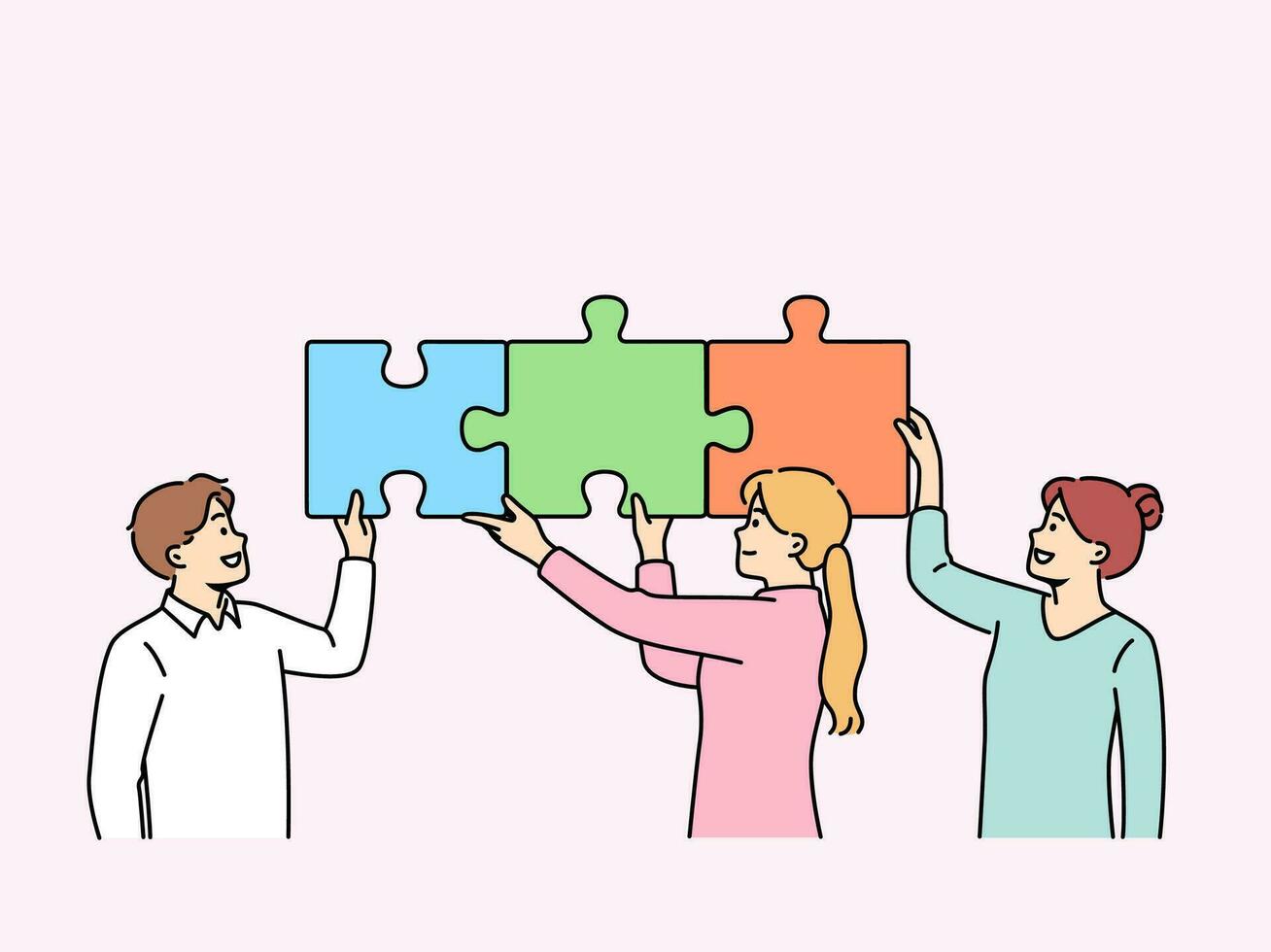 Teamwork of business people putting together puzzle to jointly solve problem of increasing company profits. Teamwork of man and two women experiencing sense of unity and desire to help colleagues vector