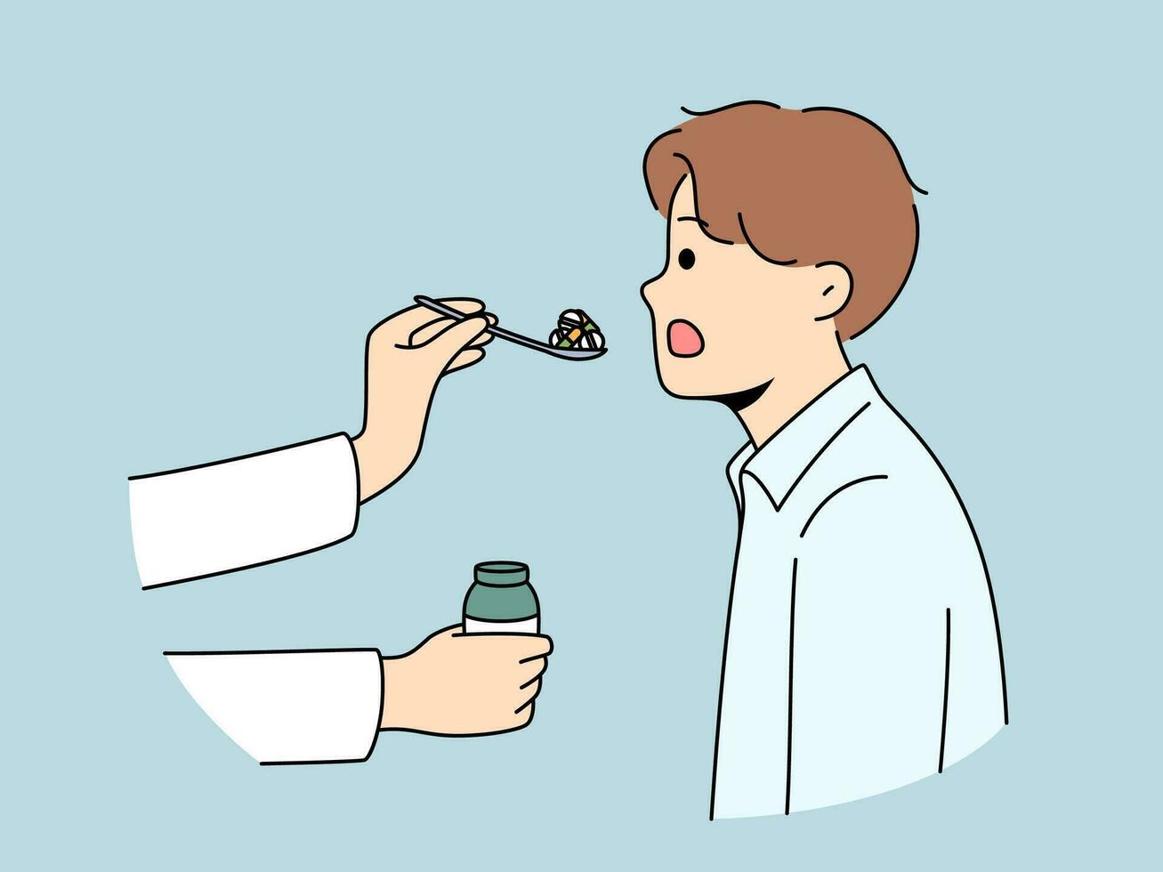 Doctor hand with pills in spoon near patient opening mouth to take painkillers and cure disease. Clinic patient receives pharmacological medications from therapist working in field healthcare. vector