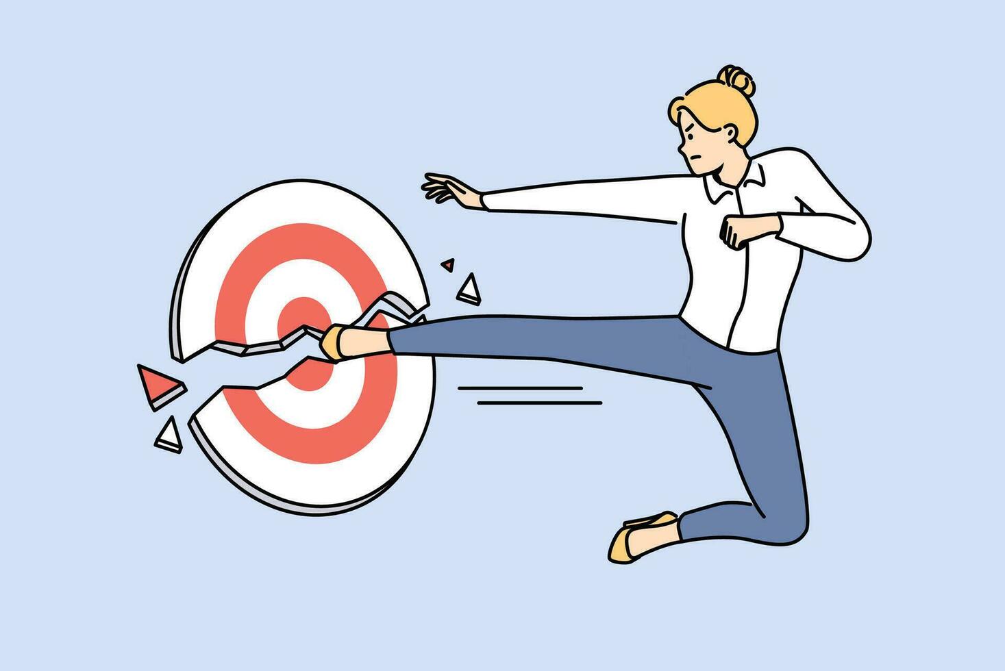 Business woman kicks target showing strength and ambition to achieve goals and complete task vector