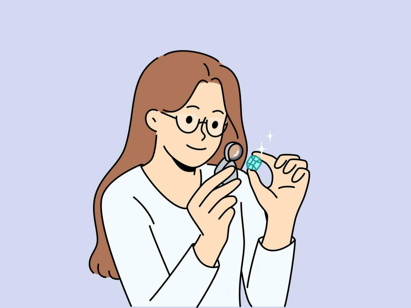 Woman jeweler examines gemstone through magnifying glass, checking diamond for authenticity vector