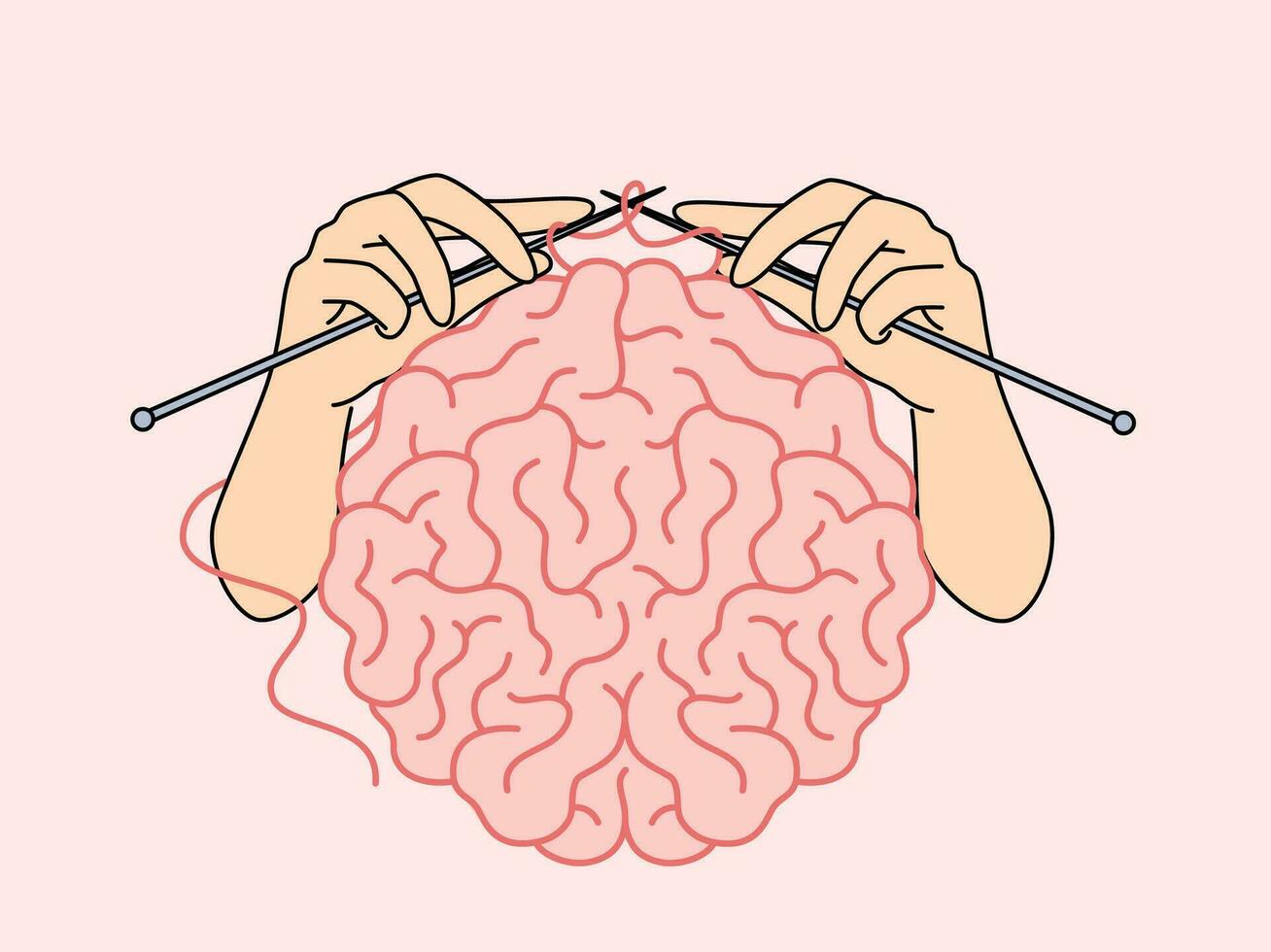 Human brain and hands with knitting needles, as metaphor for intellectual development vector