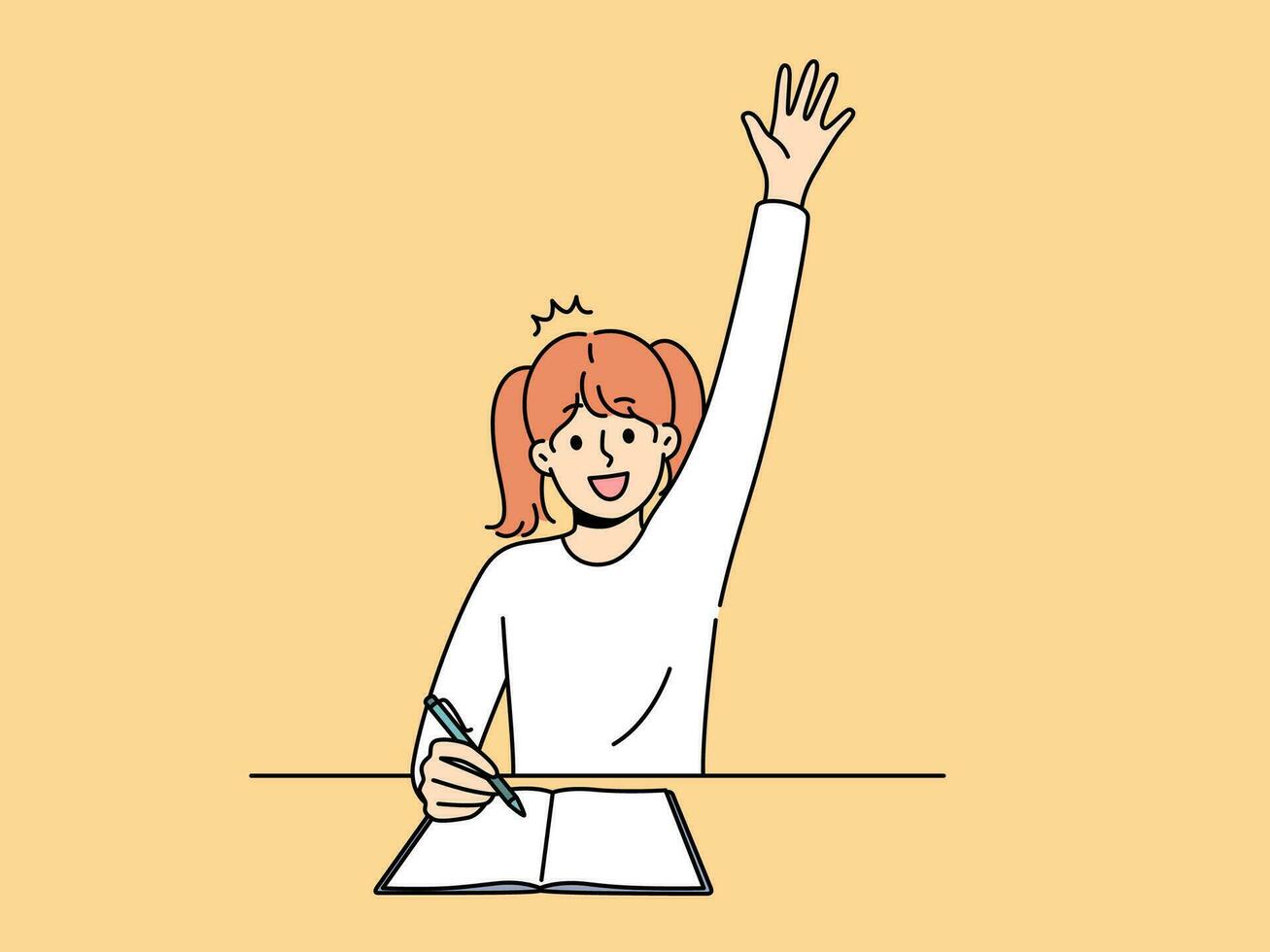 School girl sits at desk with workbook and pen and raises hand wanting to answer teacher question vector