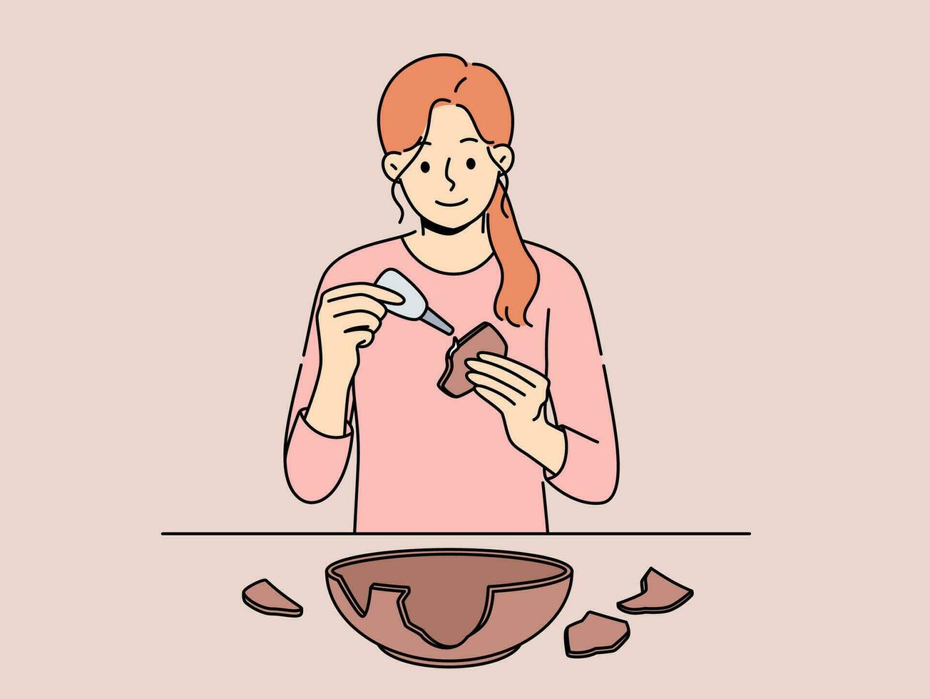 Woman seals broken clay plate to hide carelessness or demonstrate conscious consumption vector