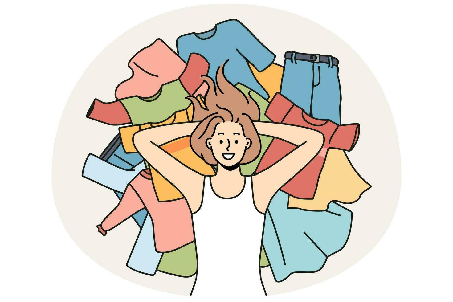 Smiling woman lying on pile of clothes vector