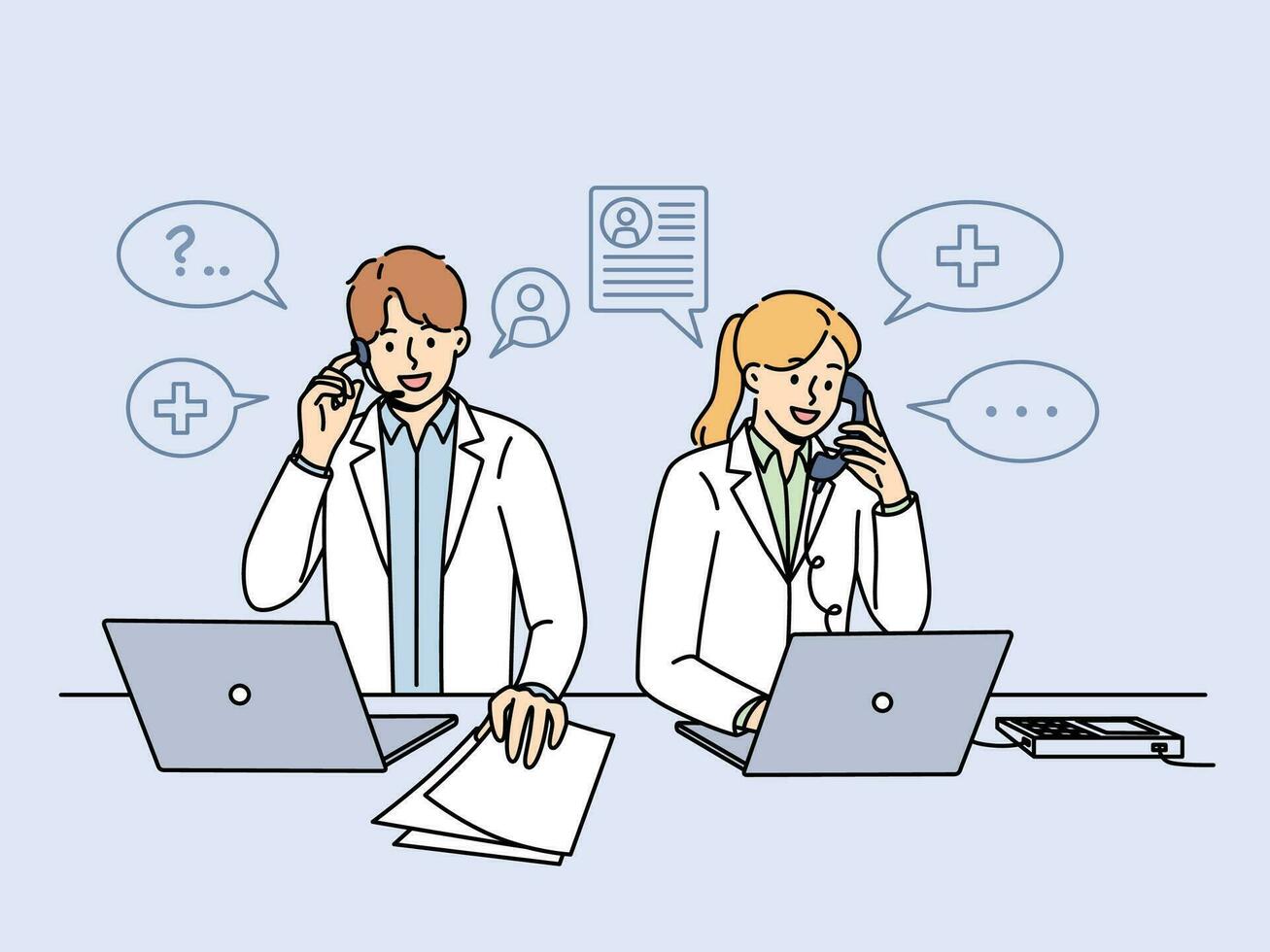 Doctors work in clinic telephone helpline and answer patients questions by phone standing near table with papers and computers. Two doctors with smile sign up clients for session with therapist vector