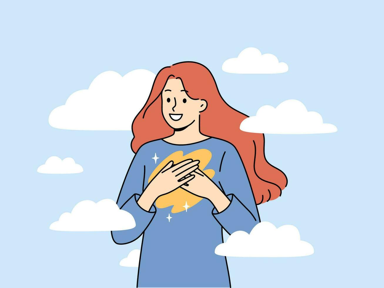 Woman feels harmony and happiness thanks to purity of soul and standing among clouds floating in sky. Concept of internal harmony helps to get rid of bad emotions that cause stress and depression vector