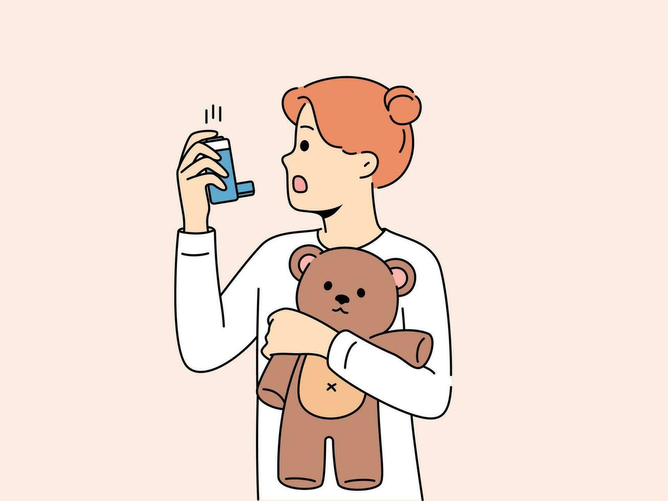 pequeño niña con asma usos inhalador a restaurar respiración durante ataque y sostiene osito de peluche oso vector