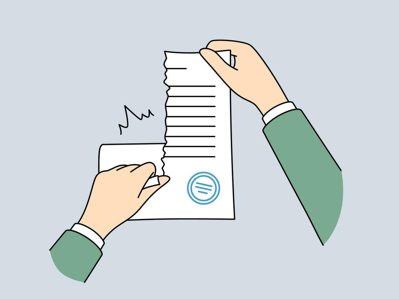 Hands tear up sealed contract to get rid of non-income-generating business obligations or quit job vector
