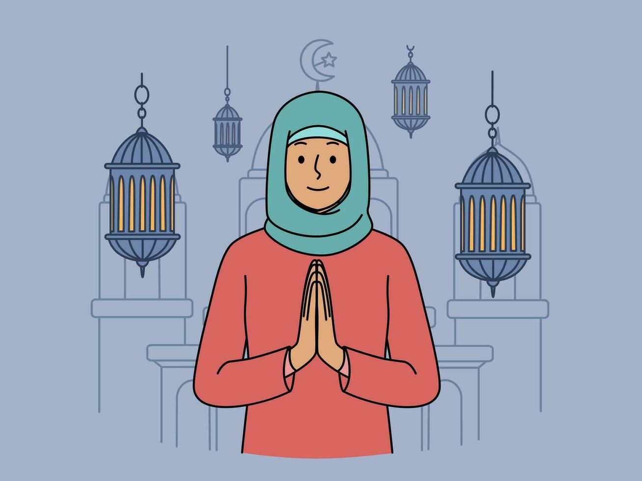 Muslim woman in hijab makes prayer gesture standing near mosque and traditional islamic lanterns. Girl visits mosque during holy month of ramadan and wants to pray to allah or prophet muhammad vector