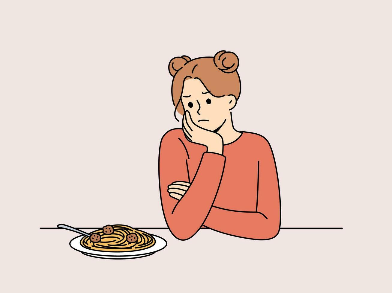 Woman experiences lack of appetite and sadly looks at plate of spaghetti due to bulimia vector