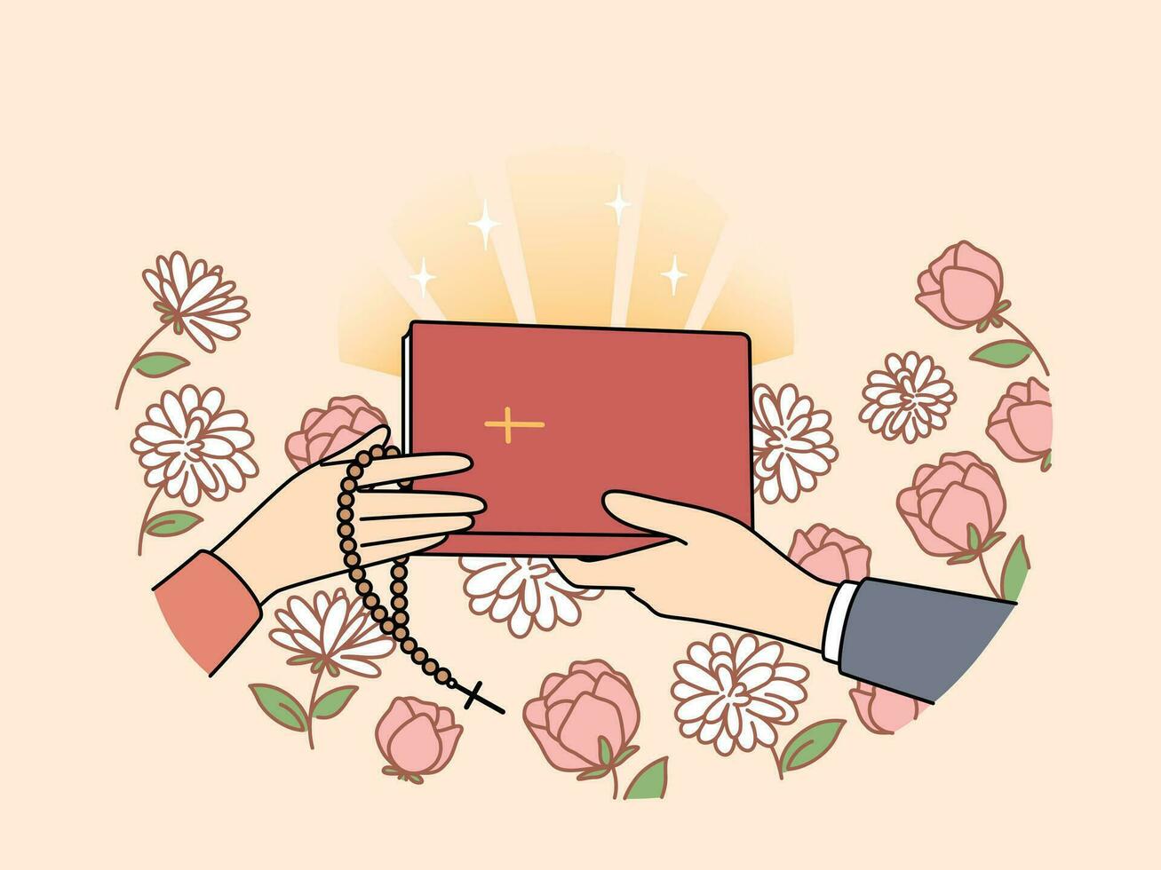 Hands of people with christian bible near flowers, during exchange of religious literature with prayers or gospel. Holy bible with crucifix on cover for those who honor orthodox or catholic faith vector