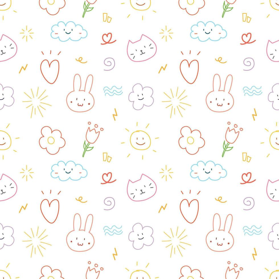 color cute doodle cartoon hand drawn seamless pattern background included cat, cloud, rabbit, heart etc. for wrapping, wallpaper and illustration vector