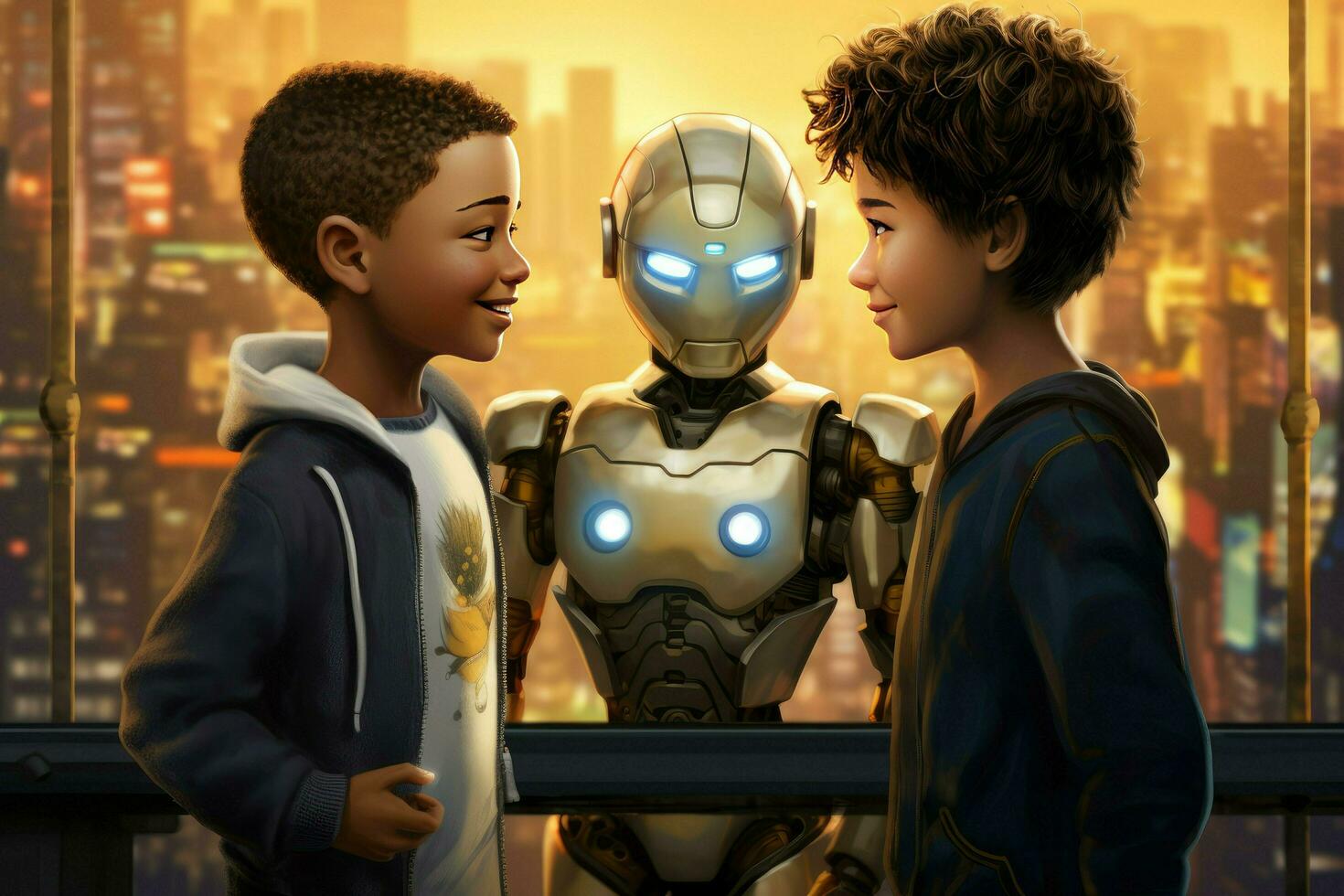 AI generated Smiling boy talking with the AI robots Ai generated photo