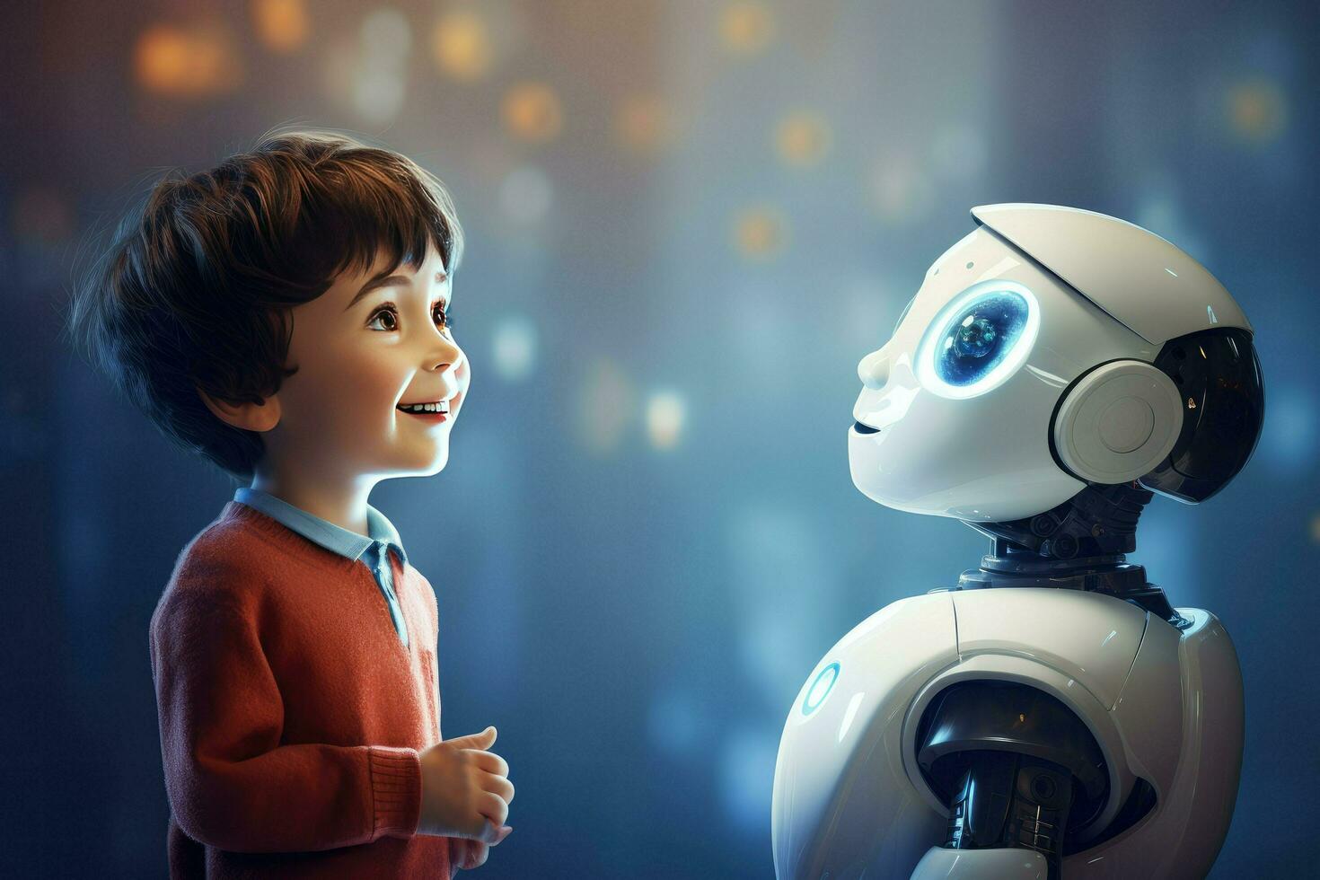 AI generated Smiling boy talking with the AI robots Ai generated photo