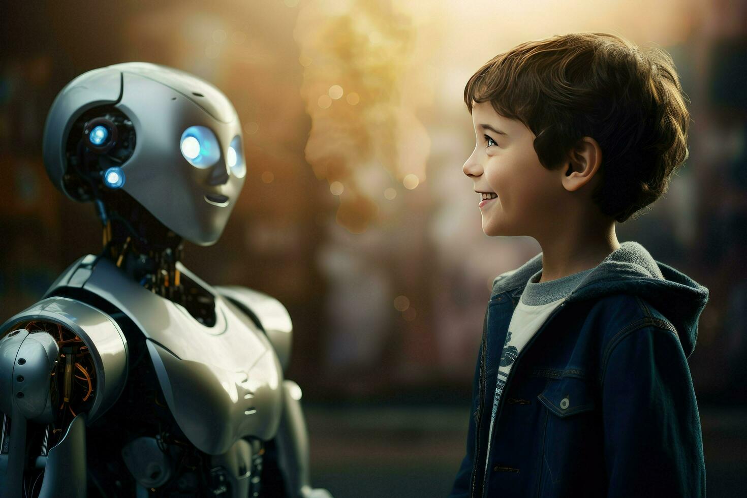 AI generated Smiling boy talking with the AI robots face to face Ai generated photo