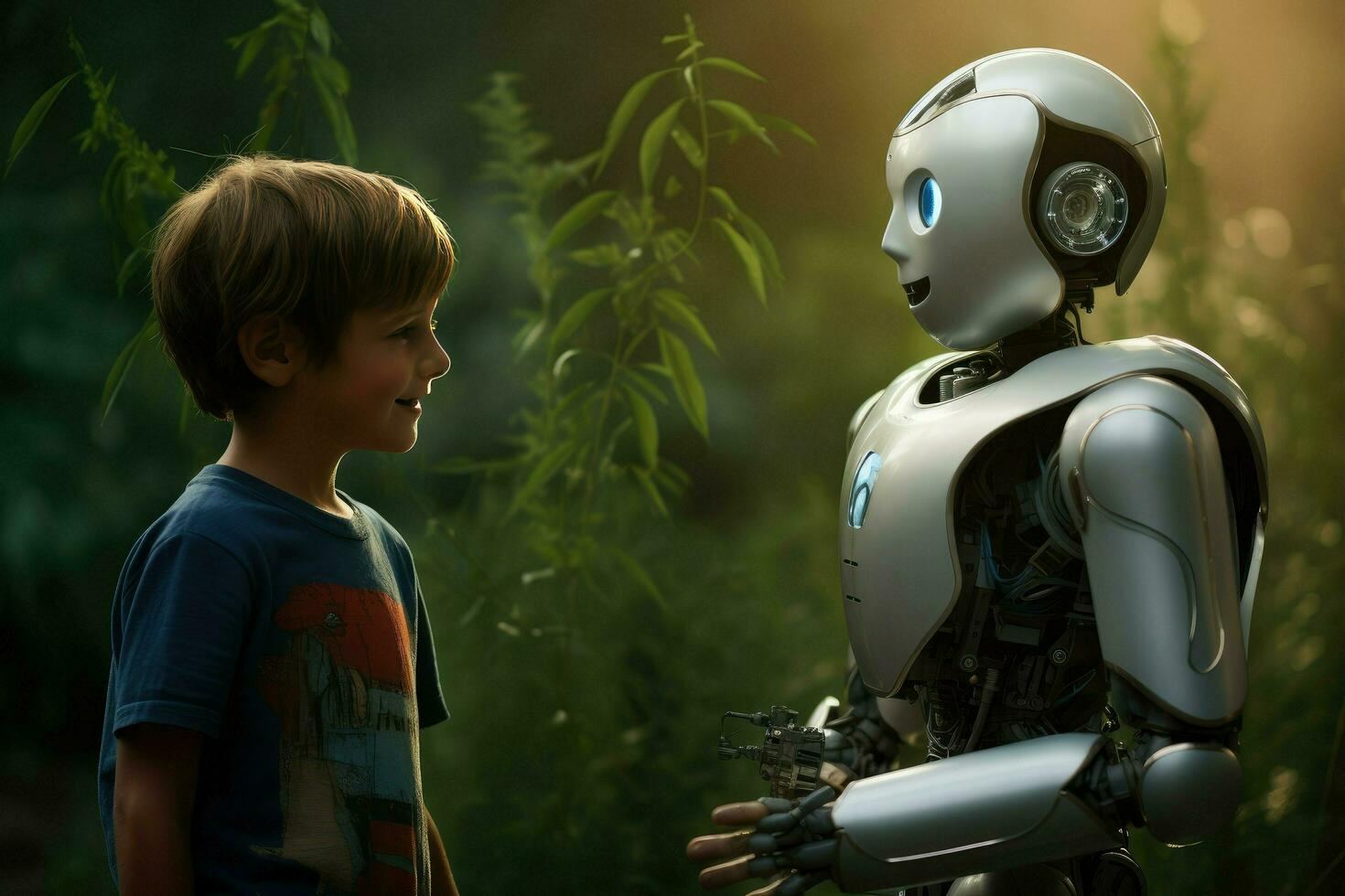 AI generated Smiling boy talking with the AI robots Ai generated photo