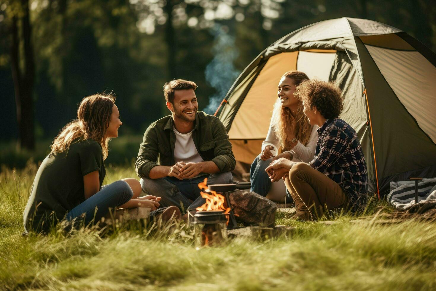 AI generated Friend enjoying a summer camping with friends, They are looking at camera and smiling, Friends enjoying a summer camping Ai generated photo