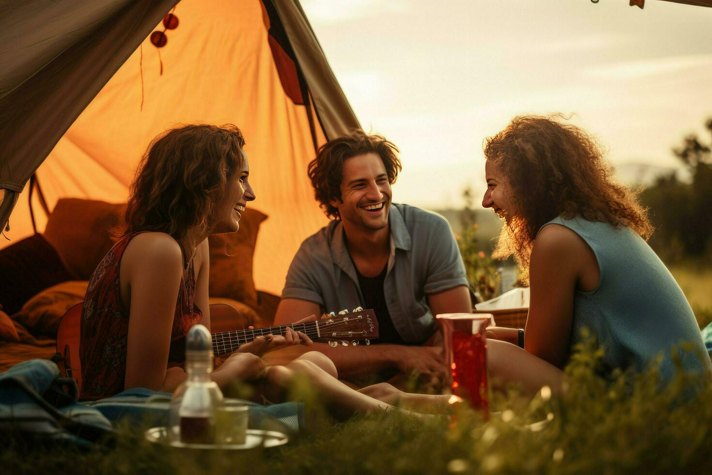AI generated Friend enjoying a summer camping with friends, They are looking at camera and smiling, Friends enjoying a summer camping Ai generated photo