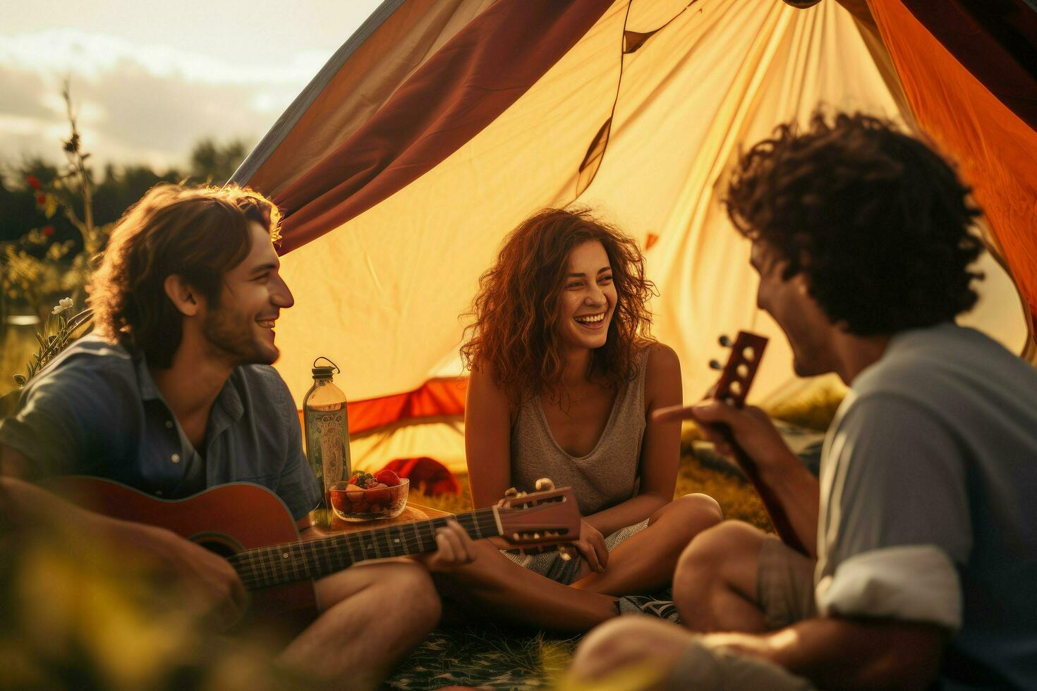 AI generated Friend enjoying a summer camping with friends, They are looking at camera and smiling, Friends enjoying a summer camping Ai generated photo