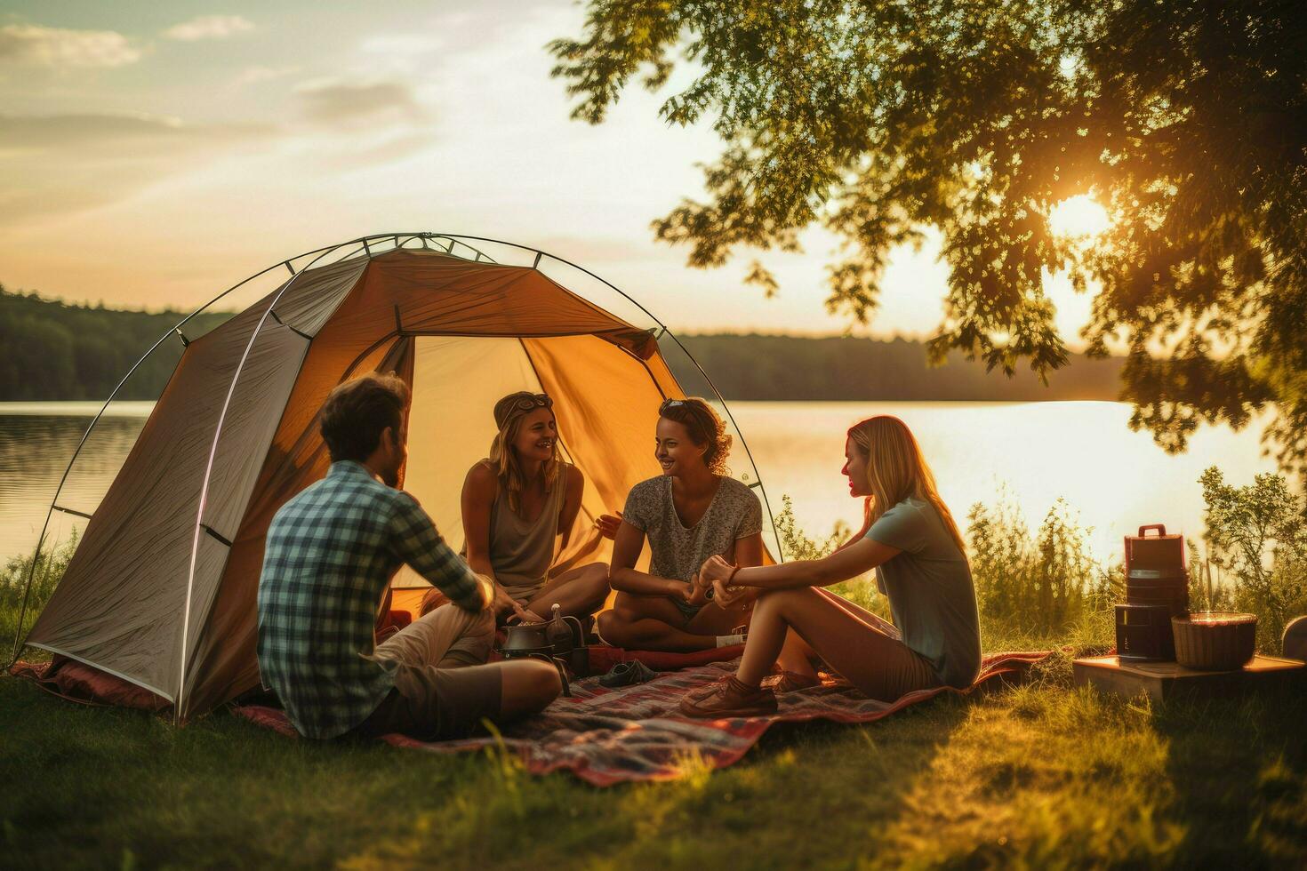AI generated Friend enjoying a summer camping with friends, They are looking at camera and smiling, Friends enjoying a summer camping Ai generated photo