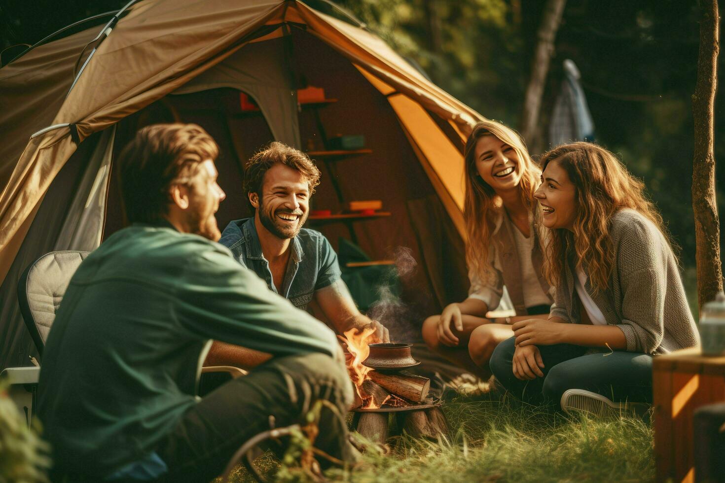 AI generated Friend enjoying a summer camping with friends, They are looking at camera and smiling, Friends enjoying a summer camping Ai generated photo