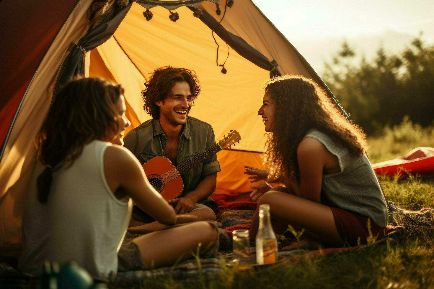 AI generated Friend enjoying a summer camping with friends, They are looking at camera and smiling, Friends enjoying a summer camping Ai generated photo
