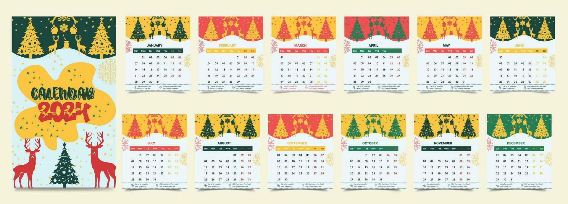 Monthly calendar template for the 2024 year, 12 months, minimalist style, floral calendar vector