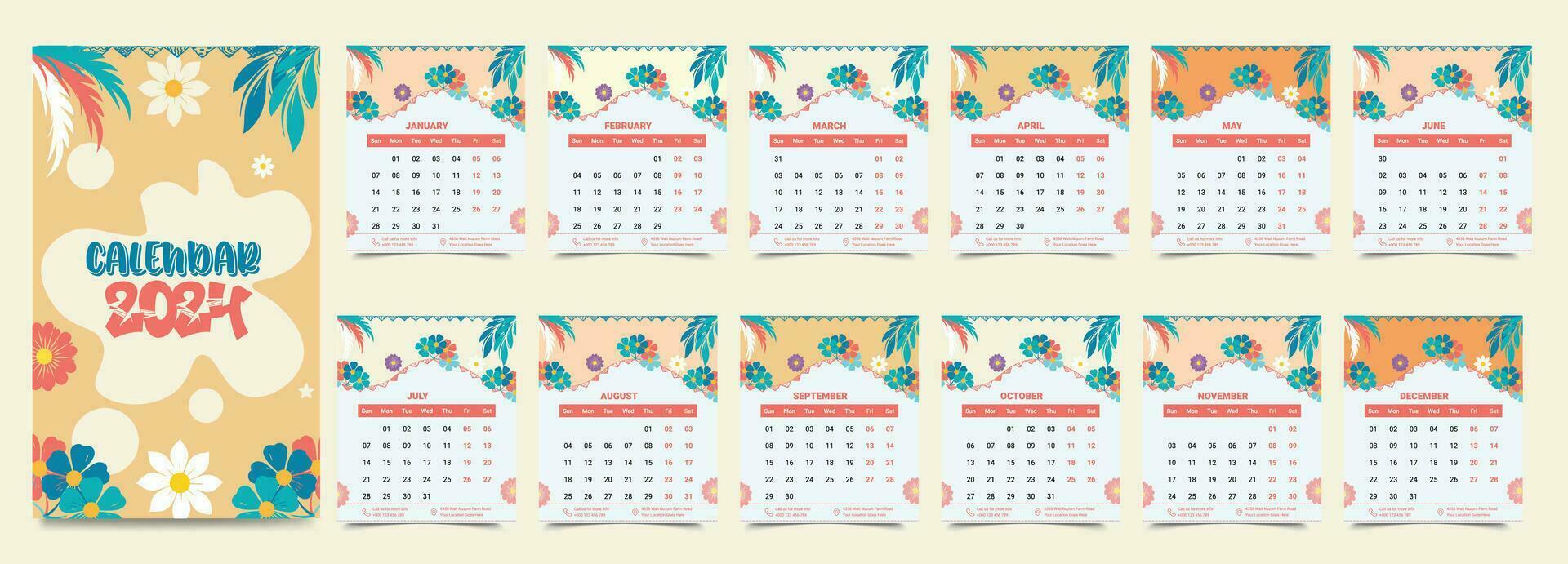 Monthly calendar template for the 2024 year, 12 months, minimalist style, floral calendar vector