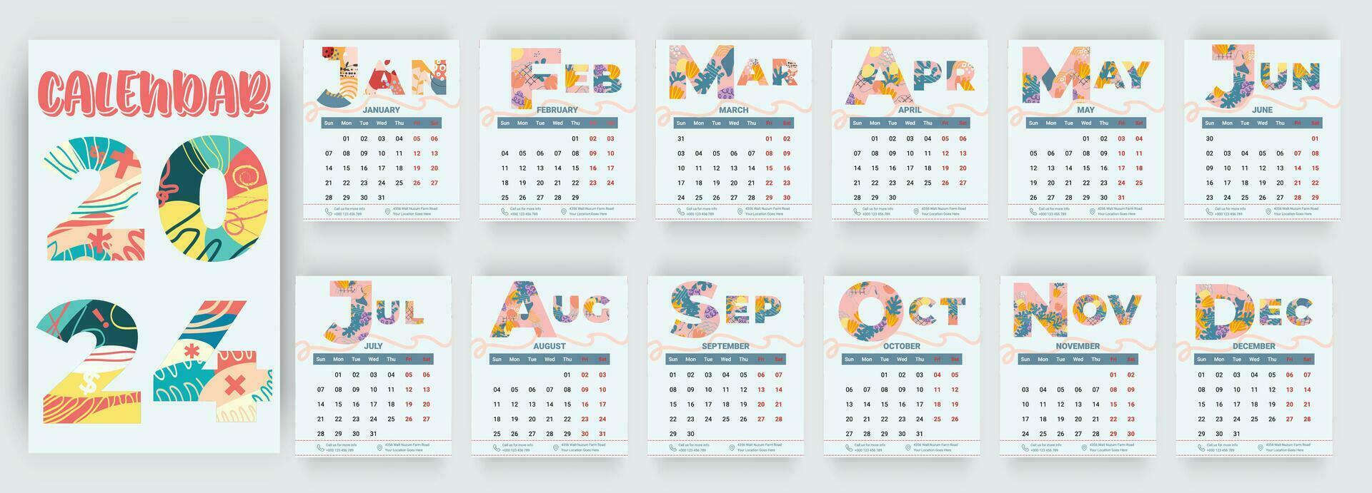 Monthly calendar template for the 2024 year, 12 months, minimalist style, floral calendar vector